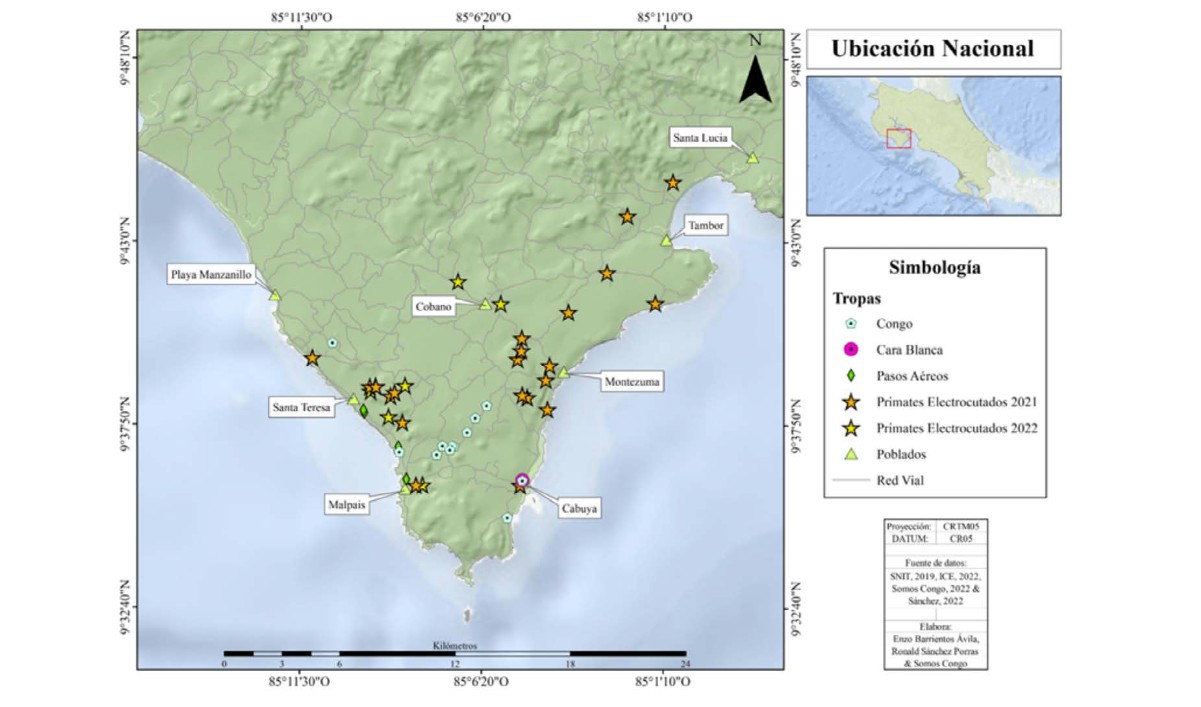 El mapa muestra la ubicación de los puentes instalados y de incidentes por electrocución de monos. Imágen: Guía de desarrollo de puentes aéreos para el desplazamiento seguro de monos en Costa Rica