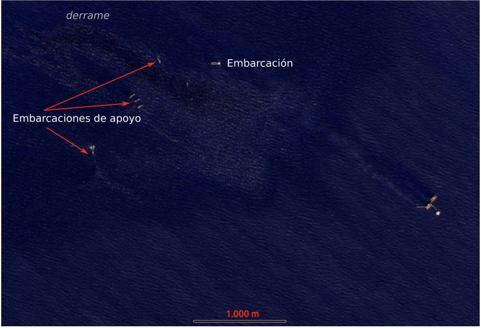 Mapa satelital ubicando derrame en el Golfo de México