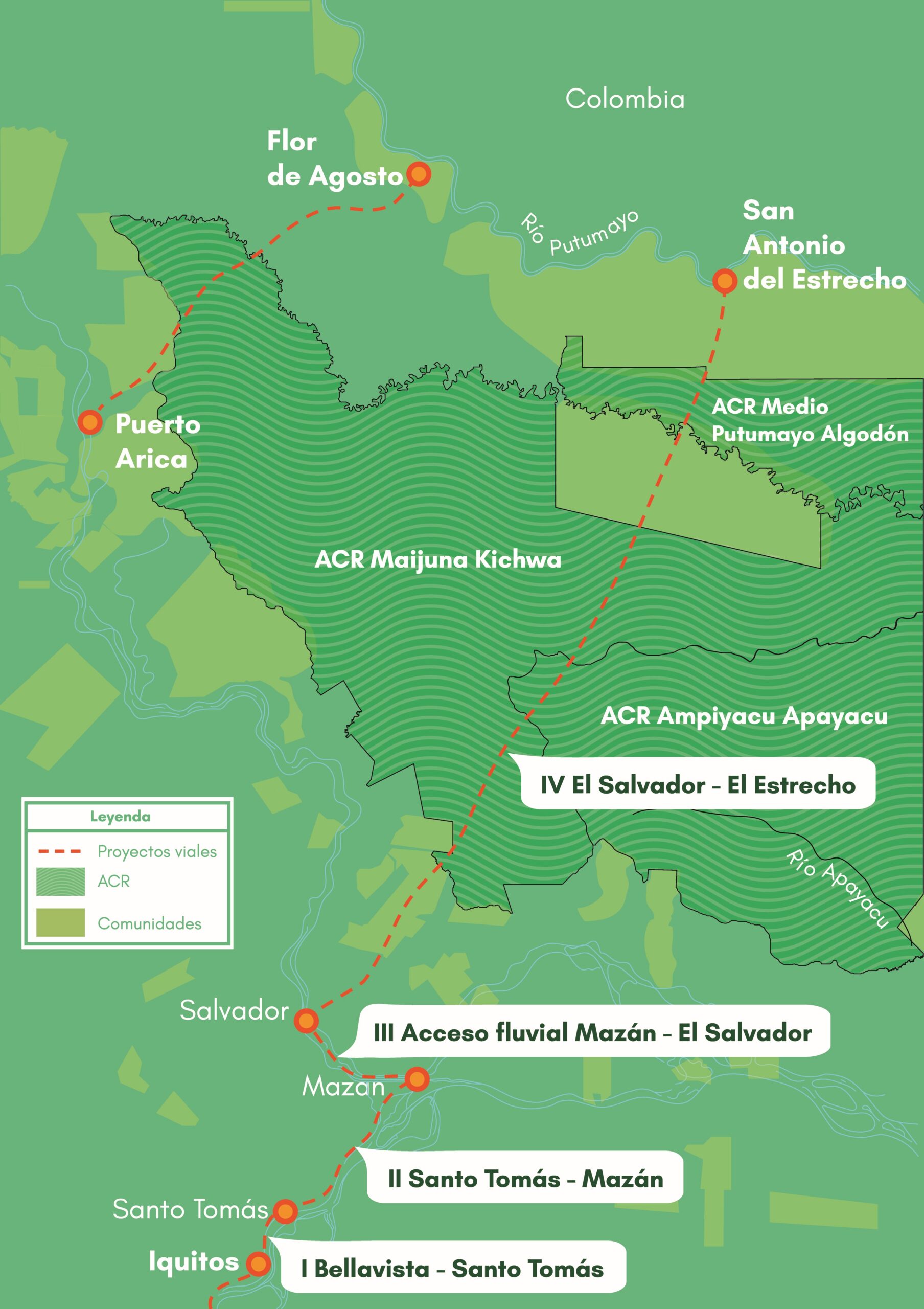 Mapa del proyecto vial que atravesará dos Áreas de Conservación Regional (ACR) en la Amazonía peruana. Mapa: Instituto del Bien Común (IBC)