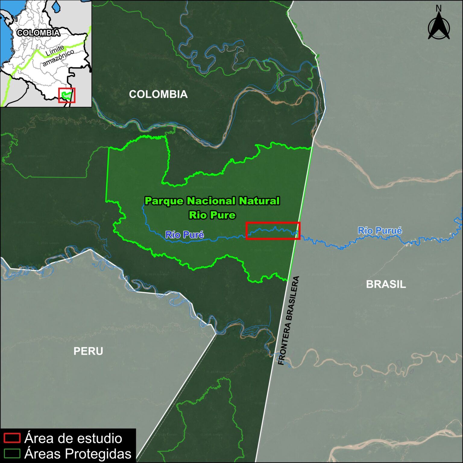 Deforestación minera a lo largo del alto río Puré, en la sección superior adyacente a Brasil, desde su inicio en 2024 hasta el presente momento en 2026.