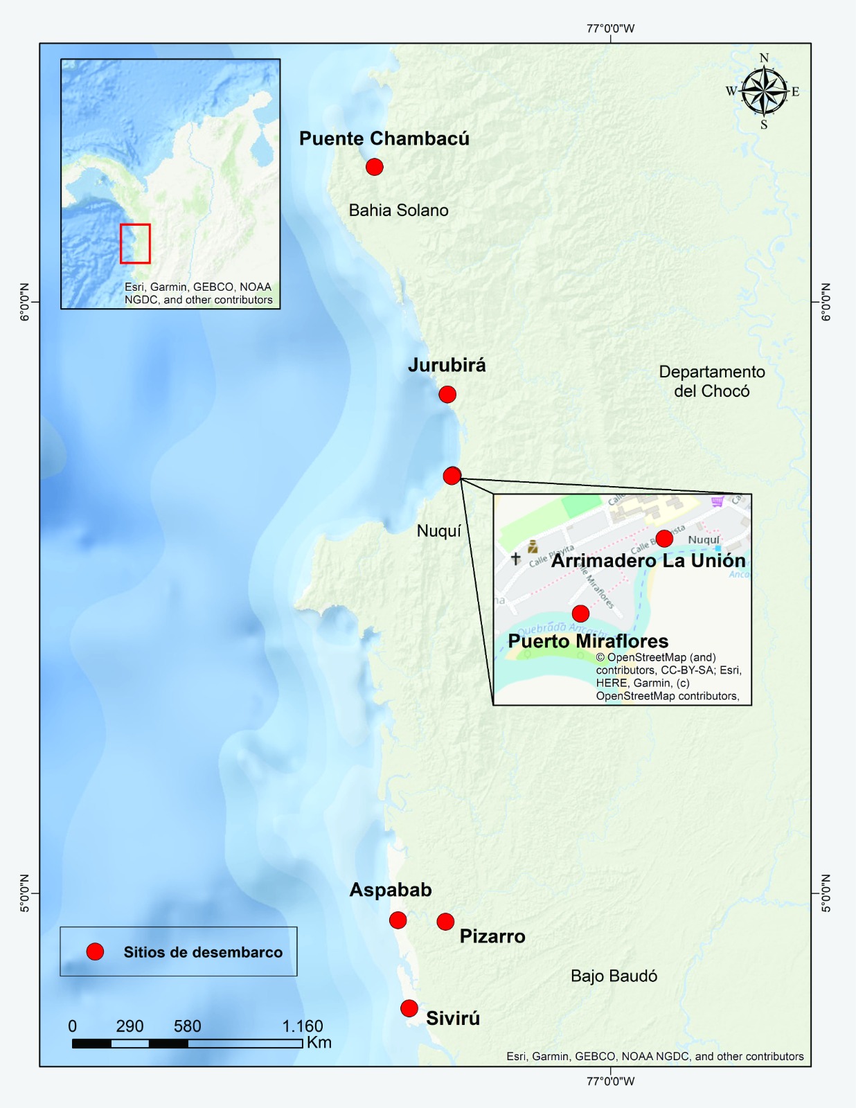 Mapa de sitios estudiados para medir la sobrepesca de especies comerciales en el Pacífico chocoano